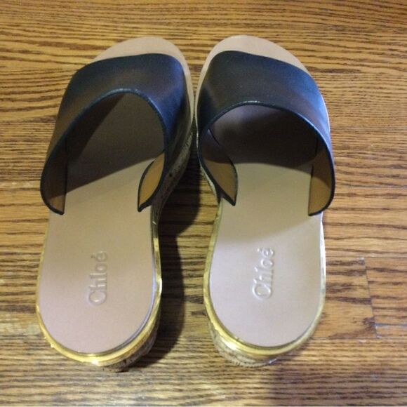 CHLOE Black Leather Platform Wedge Slide Sandals - Picture 7 of 10